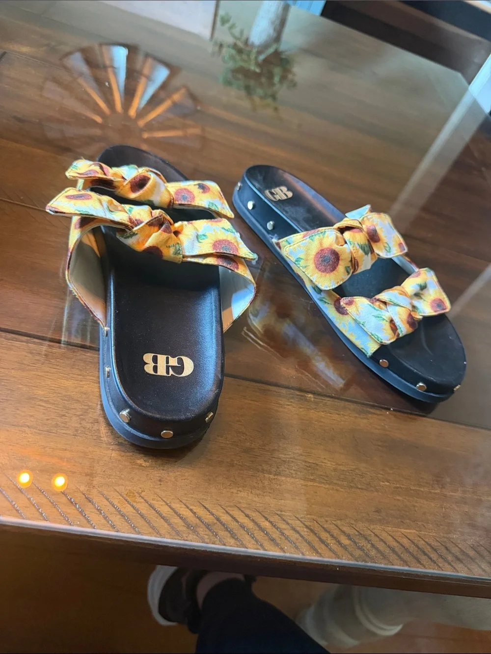 Gianni Bini Black Sandal with Yellow Sunflower Print Bows